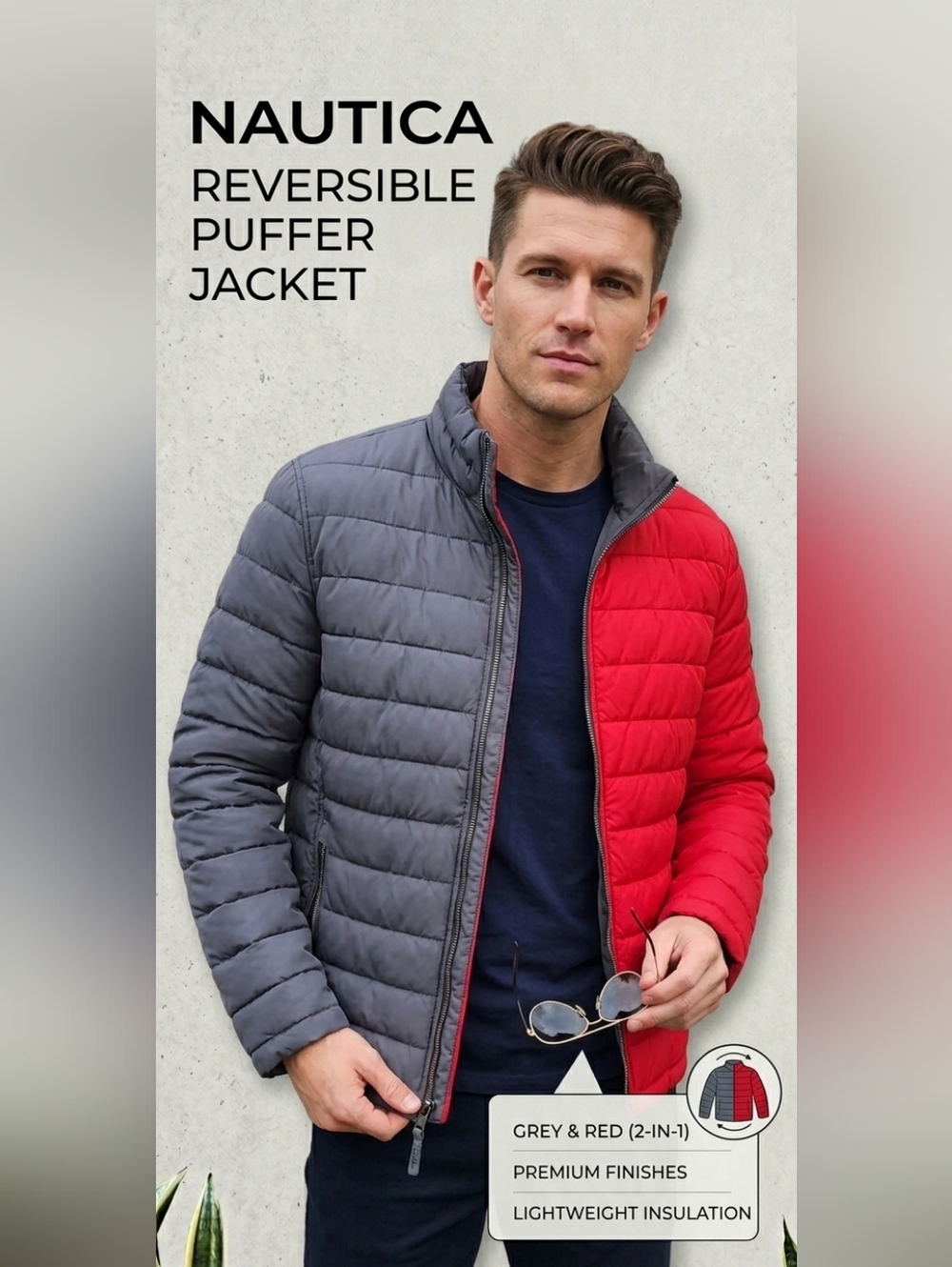 Nautica Men's Red Puffer Reversible Jacket